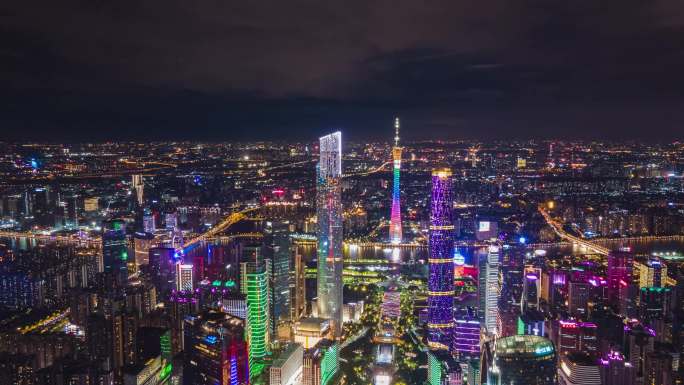 广州天河珠江新城CBD中轴线夜景航拍4k