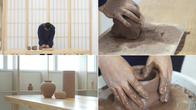 手艺人陶器制作 陶瓷拉坯修整 做陶