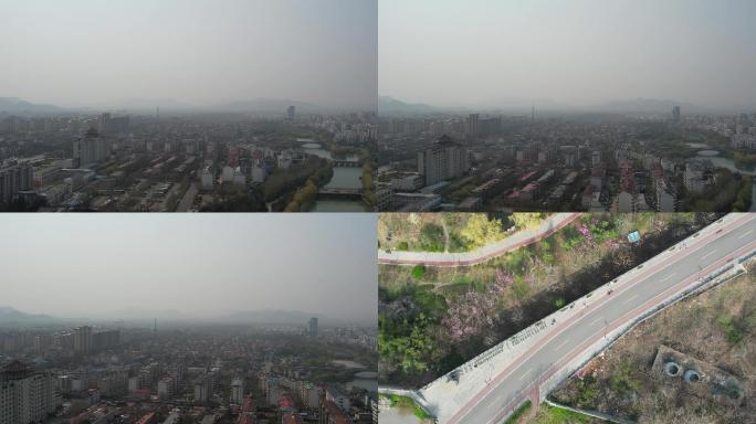 航拍雾中的山东青州城市建筑风景