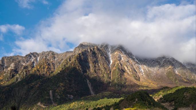 4K丹巴甲居藏寨雪山山峰光影云彩延时