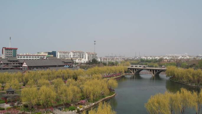 山东青州南阳河风景区青云桥春天城市风光