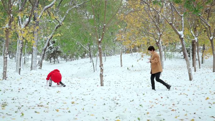在公园里打雪仗的一对中国母女