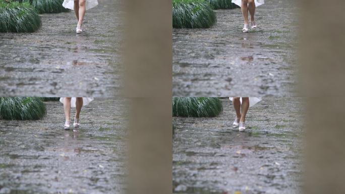 雨天石板路高跟凉鞋白裙子女孩走路脚步特写