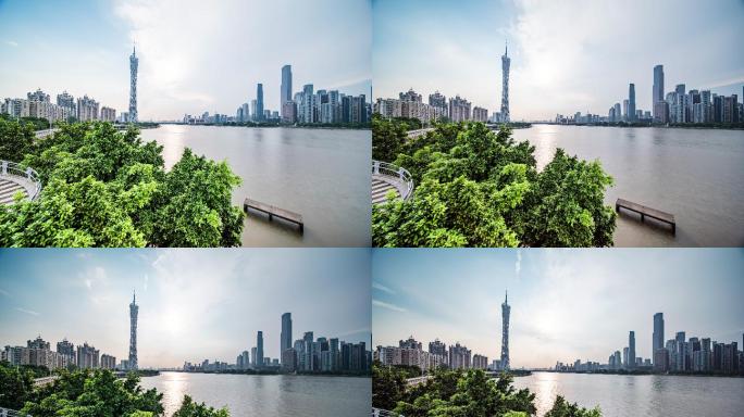 广州塔珠江两岸蓝天白云延时摄影