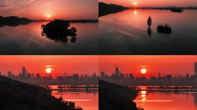 武汉东湖城市日落航拍
