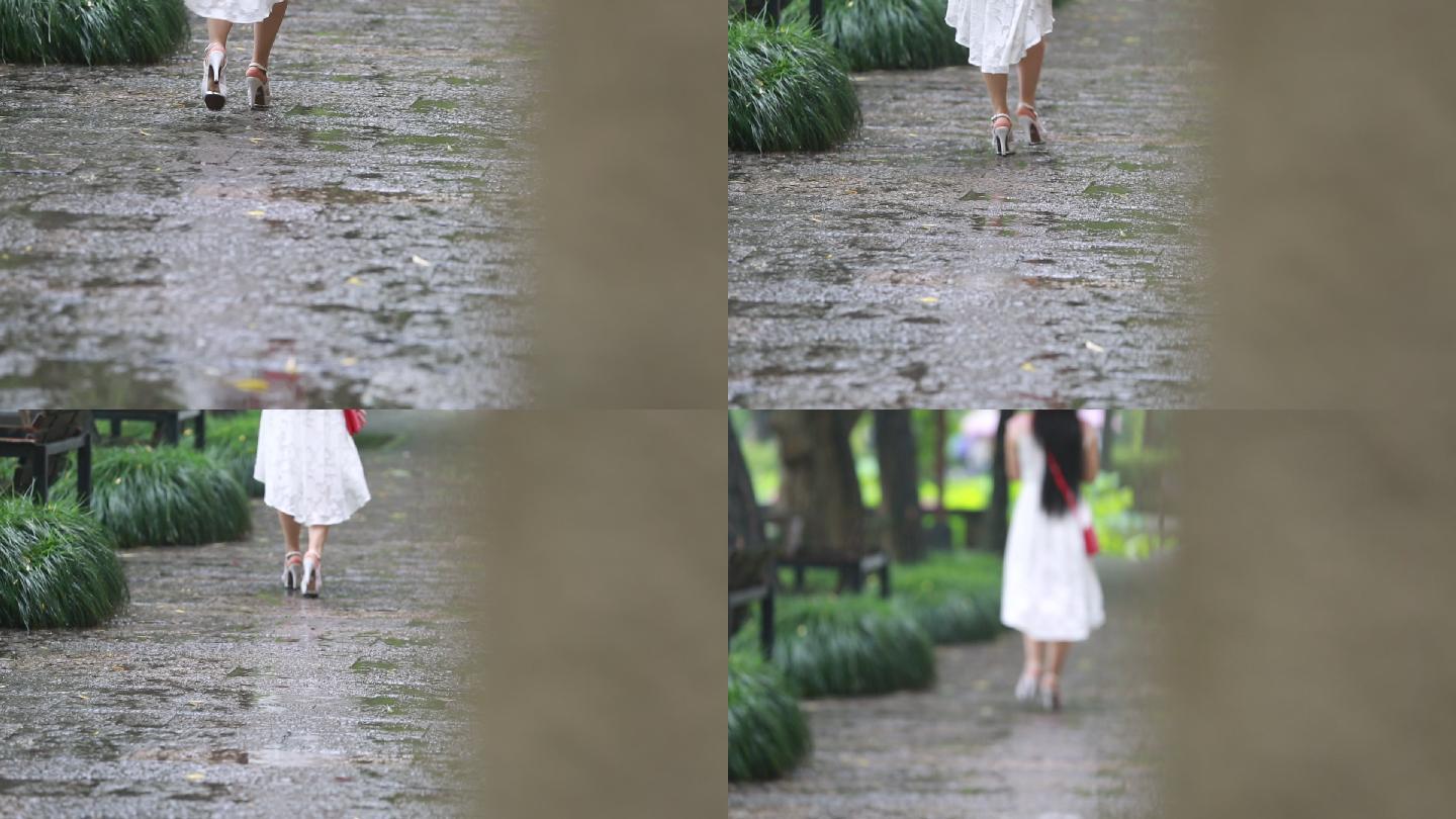 雨天青石板路高跟鞋女孩白裙子红雨伞背影