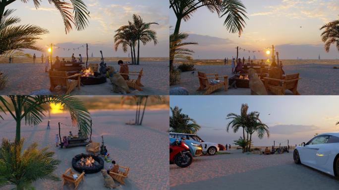 海边沙滩篝火露营朋友聚会