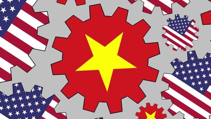 美国和越南国旗齿轮旋转背景缩小