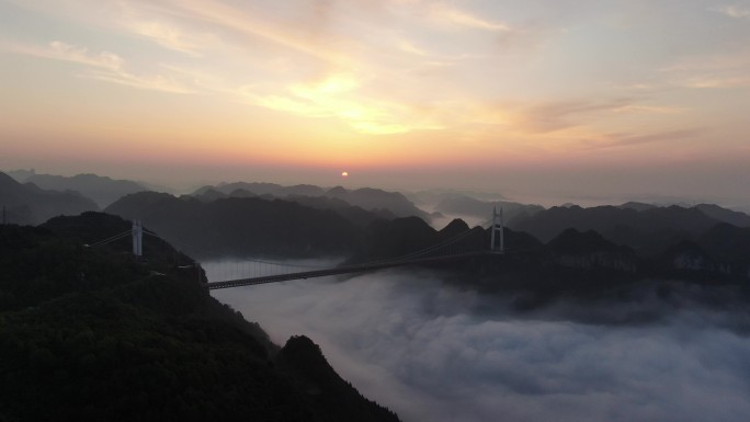 湖南湘西矮寨大桥云海日出航拍