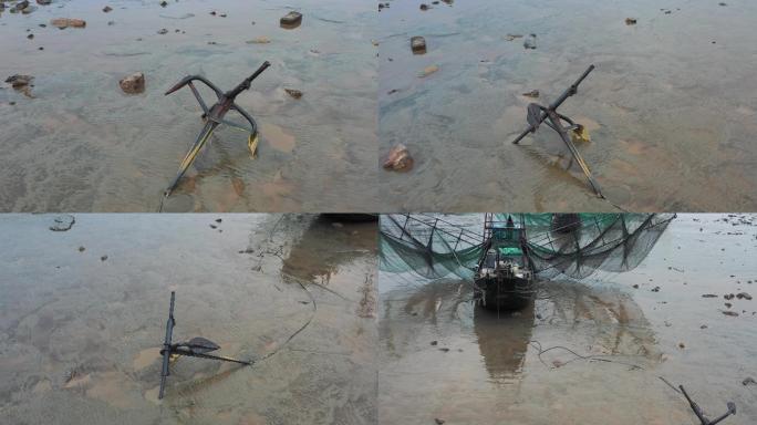 4K原素材-航拍钱塘江滩涂渔船船锚