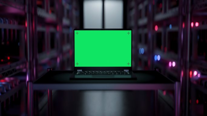 加密货币挖掘中心内的笔记本电脑-带绿色屏幕