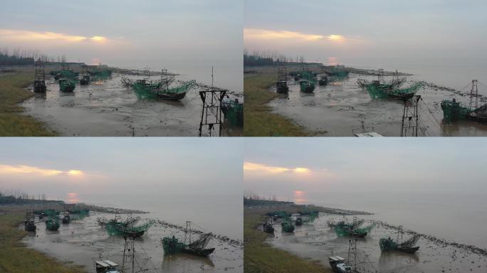4K原素材-航拍钱塘江滩涂渔船