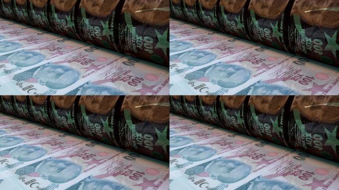 100张土耳其里拉钞票正在由货币印刷机印