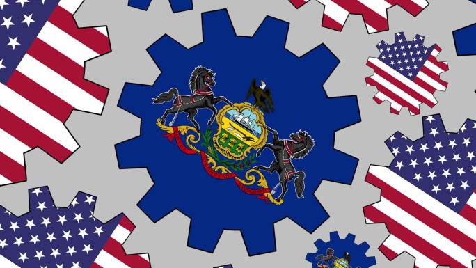 美国和宾夕法尼亚州国旗齿轮旋转背景缩小