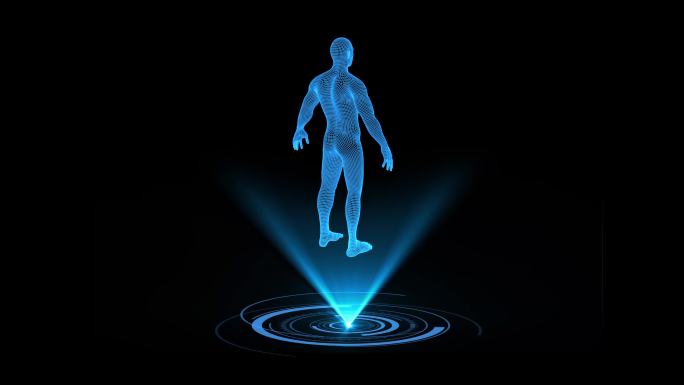 4K蓝色科技全息线框男人体动画带通道