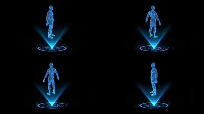 4K蓝色科技全息线框男人体动画带通道