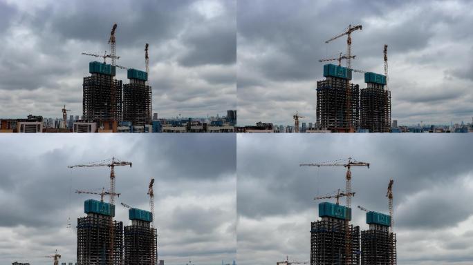 城市高层建筑工地施工塔吊乌云翻滚云涌延时