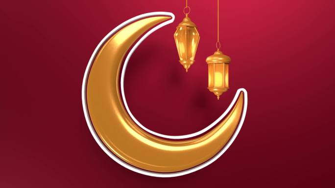 回环式Eid穆巴拉克贺卡设计，红色背景下悬挂灯笼和新月，分辨率为4K