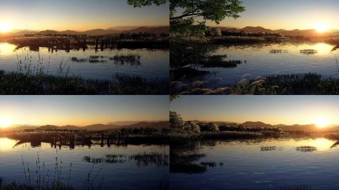 三维湿地山河湖面黄昏
