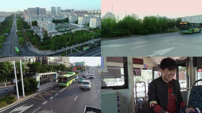 航拍公交车在城市街路行驶乘客市民上车