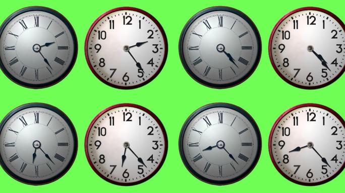 绿色屏幕背景上可循环的12小时延时时钟面