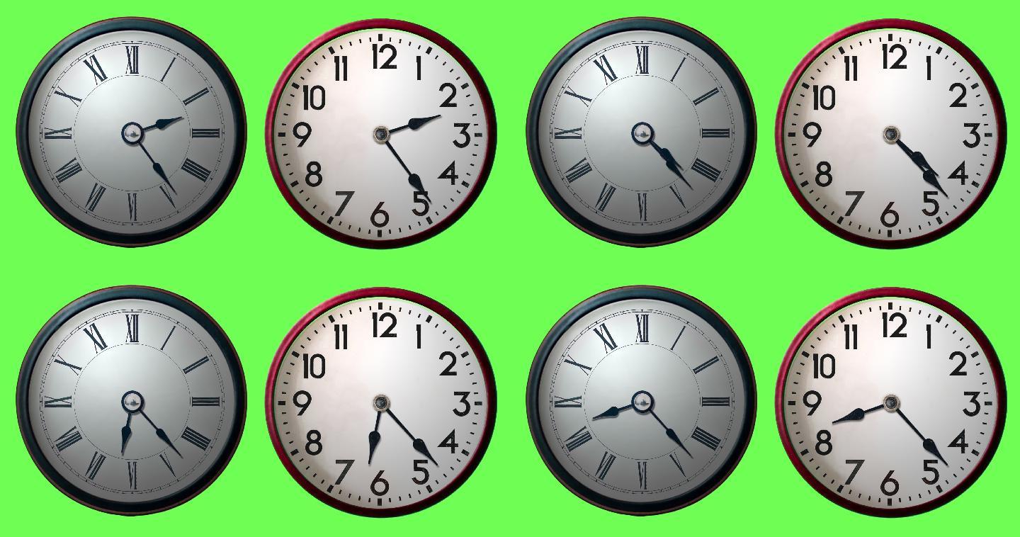 绿色屏幕背景上可循环的12小时延时时钟面