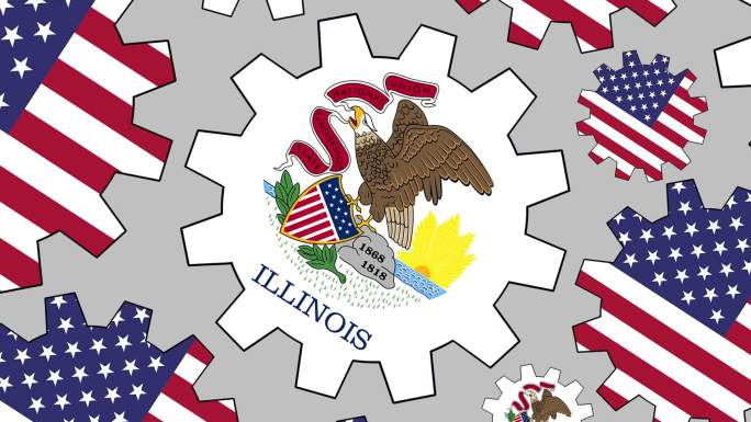 美国和伊利诺伊州国旗齿轮旋转背景缩小