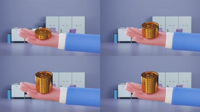 3d动画硬币落在商人手上。