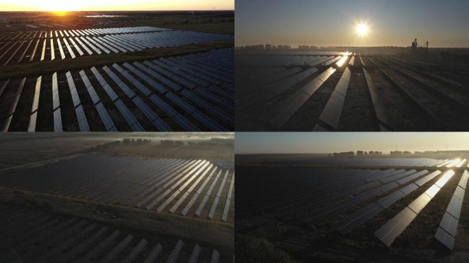 新能源太阳能 光伏板发电 夕阳下光伏航拍