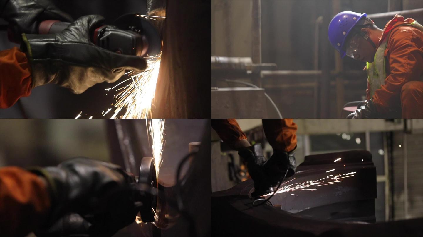 工人操作磨光机电焊火花 工厂工人工作画面