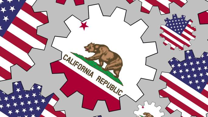 美国和加州国旗齿轮旋转背景缩小