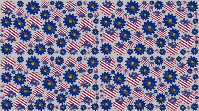 美国和宾夕法尼亚州国旗齿轮旋转背景