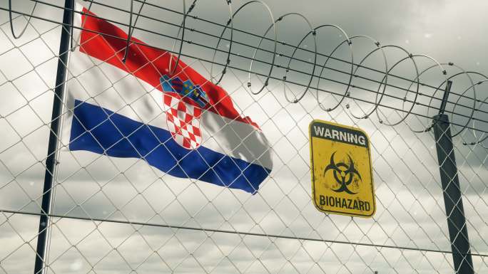 带有生物危害标志的克罗地亚国旗，警告隔离。循环的。