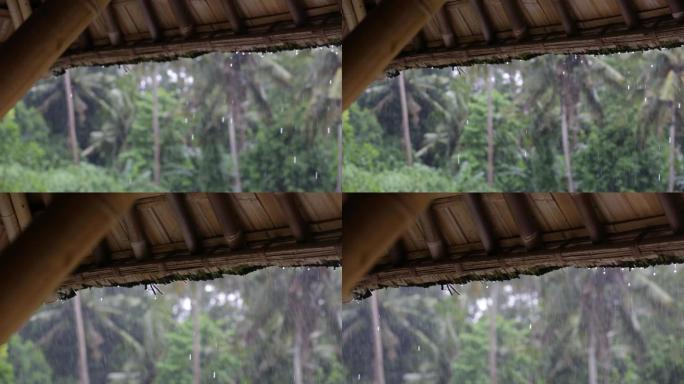 下雨天竹屋竹楼屋檐雨水滴落