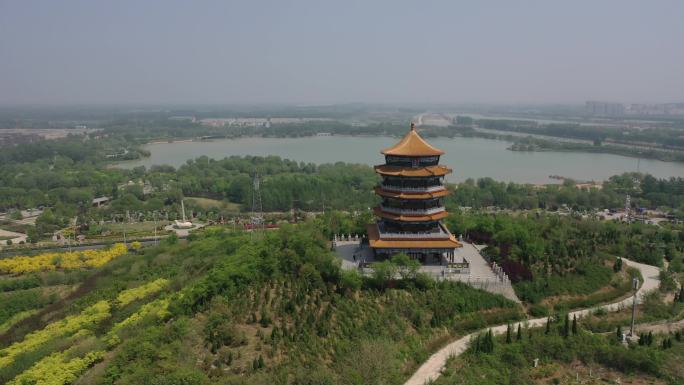 航拍山东黄河玫瑰湖国家湿地公园