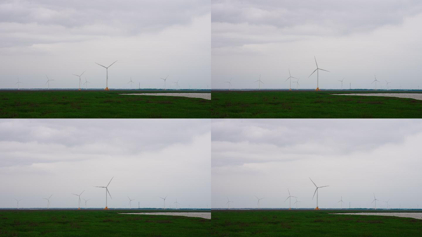 夏季湿地的风力发电机、发电厂