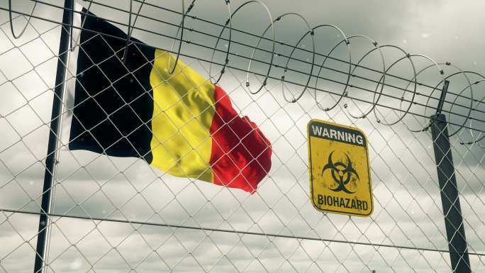 比利时国旗上有生物危害标志，警告隔离。循环的。