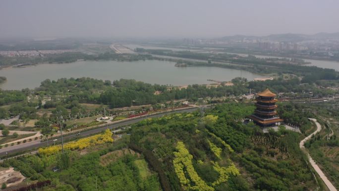 航拍山东黄河玫瑰湖国家湿地公园