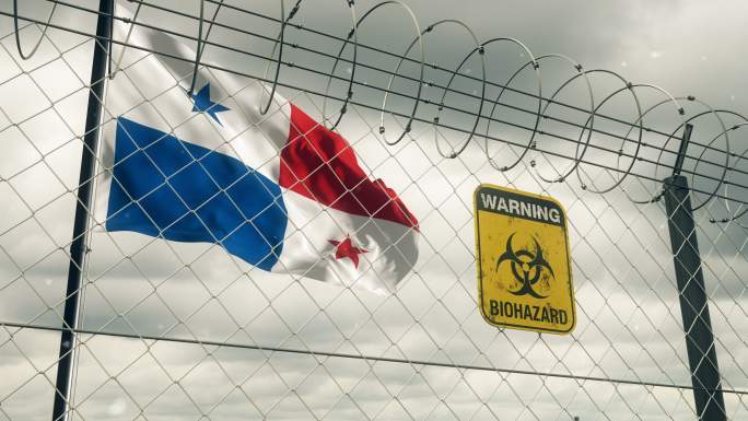 带有生物危害标志的巴拿马国旗，警告隔离。循环的。