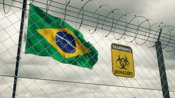 带有生物危害标志的巴西国旗，警告隔离。循环的。