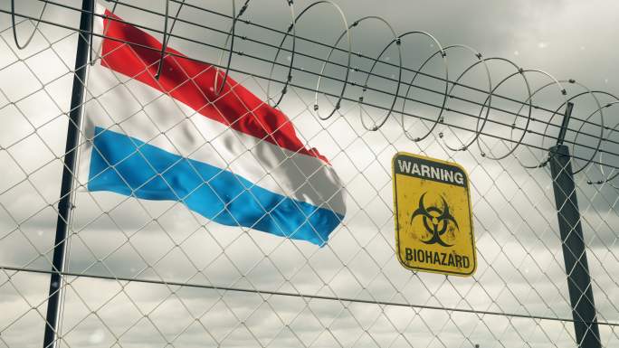 卢森堡国旗上有生物危害标志，警告隔离。循环的。