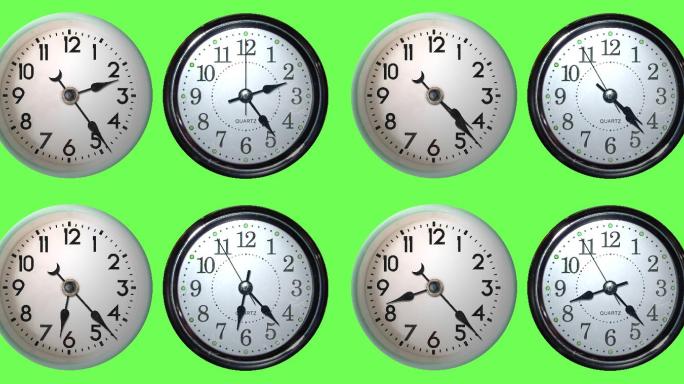 绿色屏幕背景上可循环的12小时延时时钟面