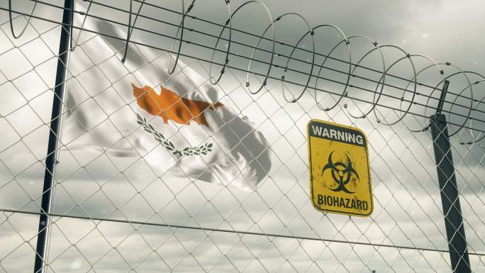 带有生物危害标志的塞浦路斯国旗，警告隔离。循环的。