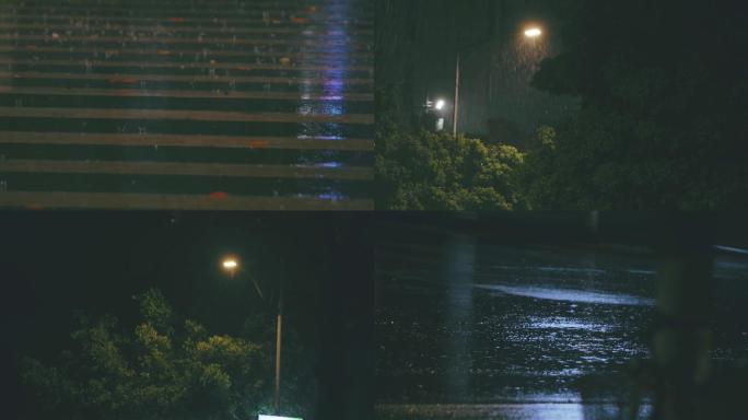 夜晚下雨 下雨的马路 下雨的路灯 雨天