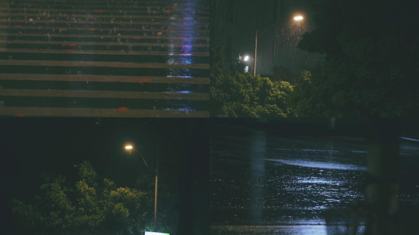 夜晚下雨 下雨的马路 下雨的路灯 雨天