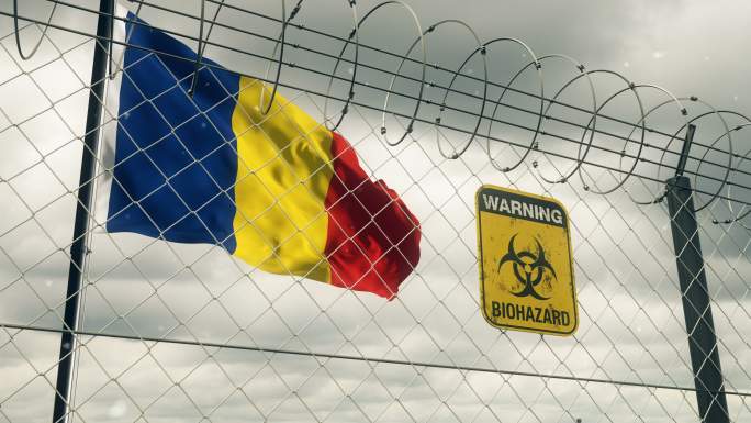 罗马尼亚国旗上有生物危害标志，警告隔离。循环的。