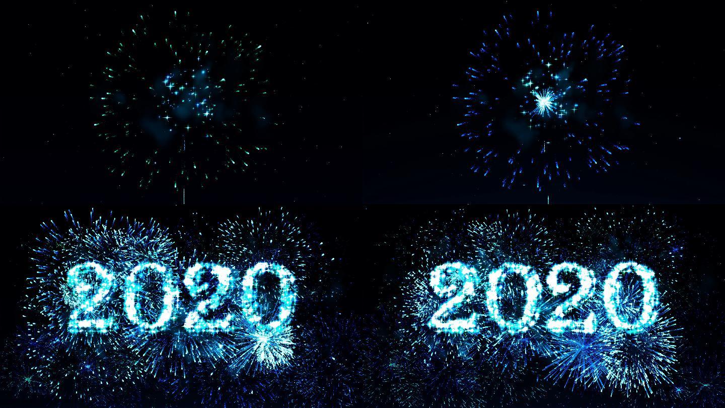 烟花表演倒计时2020蓝色4K。