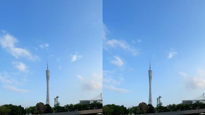 广州塔倒映蓝天白云浮动延时 手机竖拍竖屏