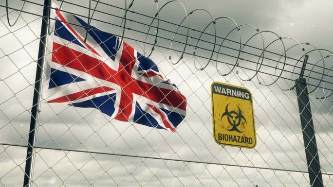 带有生物危害标志的英国国旗，警告隔离。循环的。