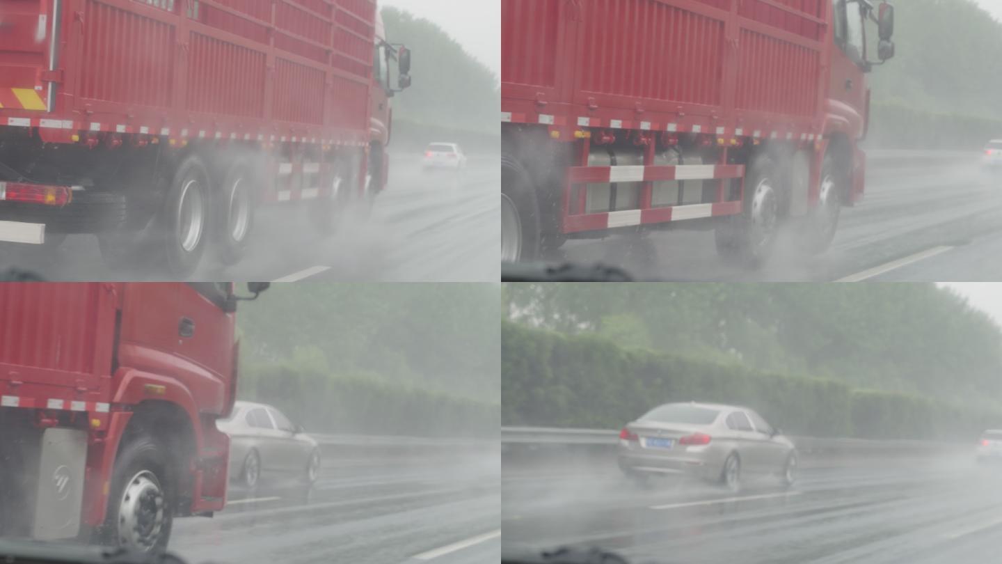 雨中大货车行驶在高速公路上飞溅水花慢镜头